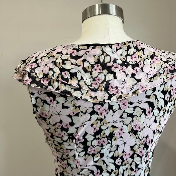 Y2K Casual Corner Annex Floral 100% Silk Ruffle V Neck Dress Size 10 - Picture 5 of 9